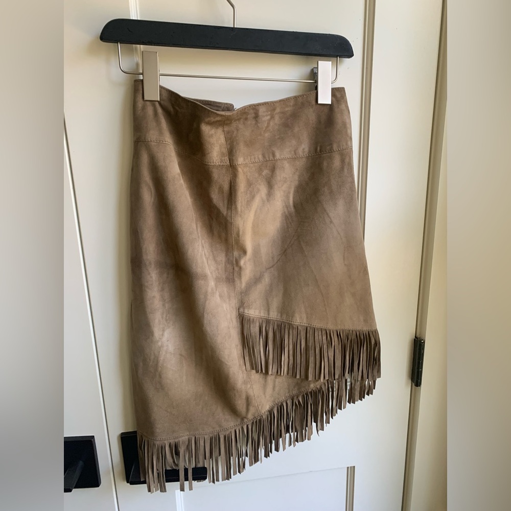 King Kong Italy Suede Leather Fringe Skirt Brown Size 40 (US 4–6) Made in Italy